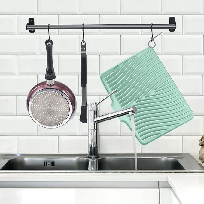 Silicone Dish Drying Mat for Kitchen Counter, Dish Drying Pad, Non-Slip Drain Pad with Built-in Drain, Heat Resistant Stone Drying Mat(15.8" x 13", Mint)