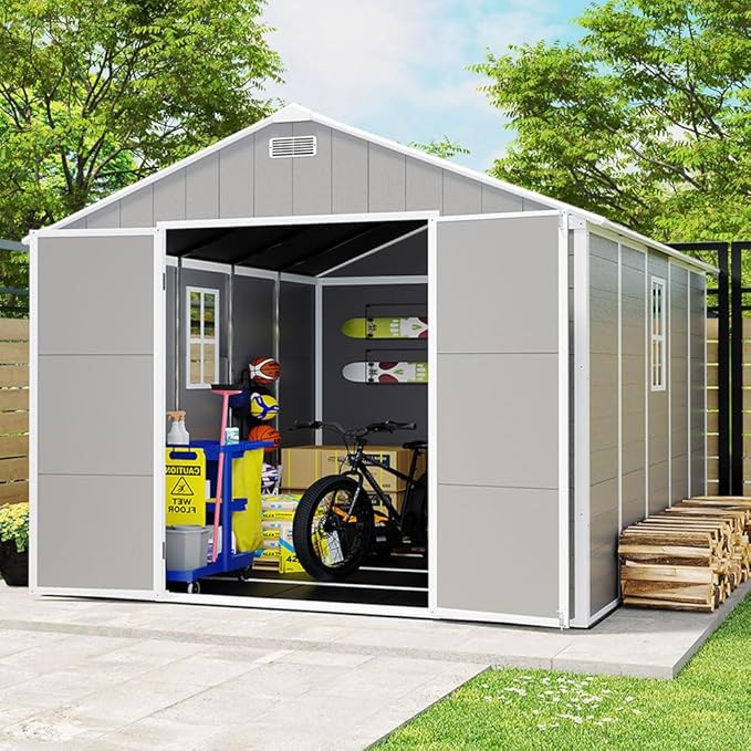 Resin Storage Shed 10x8 ft, Large Outdoor Sheds with Floor, Lockable Doors and Vents, HD Window, 12mm Thick pp Board, Garden Storage Tool Shed for Backyard Patio Lawn (Grey, 10 * 8ft)