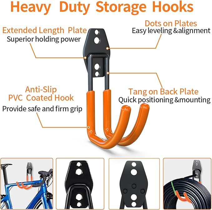 3-H Garden Hose Holder Wall Mount 4 Pack,Solid Steel Hose Hanger,Water Hose Holders for Outside,Perfect for Hanging Outdoor Air Hose,Ropes,Pipes,Garden Tools,Ladders,Bikes,Bulk Items(Orange)