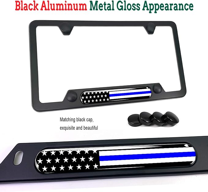 Police Thin Blue Line License Plate Frame-American Flag Patriotic Car Tag Holder, USA Black Aluminum Bracket with Screw, Cap Covers, Decal, Novelty Present for Law Enforcement, 1 Pack