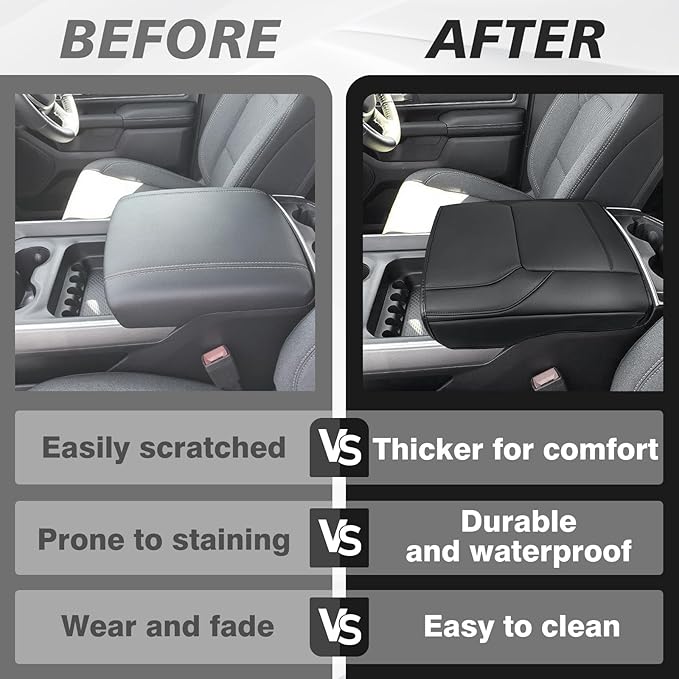 Muslogy Center Console Armrest Cover Compatible with Dodge Ram1500 2500 3500 2019-2024 Comfort Armrest Pad Arm Rest Cushion Vegan Leather Protector Regular Thick(Bucket Seat ONLY, NO Limited,Laramie)
