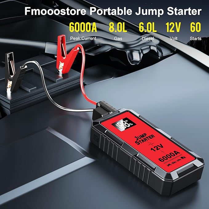 Car Battery Jump Starter with 6000A Peak Smart Clip LCD Display and 3 Modes Flashlight for Up to All Gas and 10.0L Diesel Engine 12V Auto Battery Booster Jumper Cables Portable Lithium Jump Box