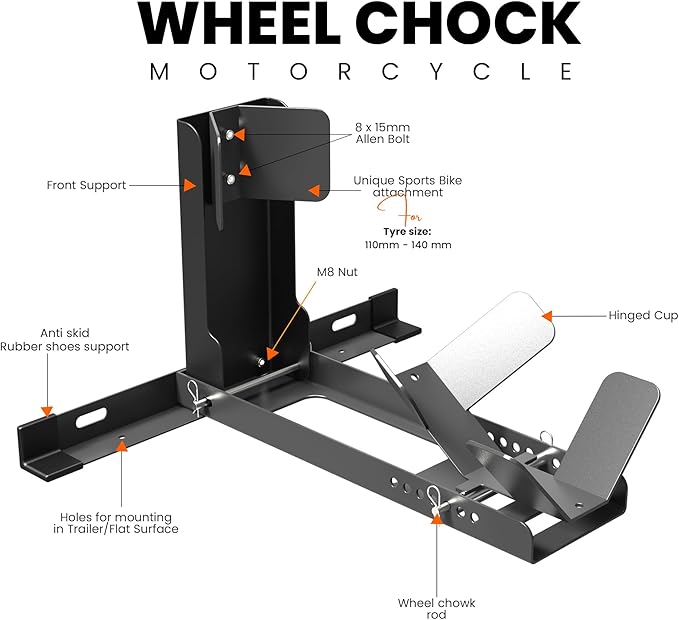 GRAND PITSTOP Universal Wheel Chock for Motorcycle Stand for Trailer Completely Adjustable Detachable Foldable Wheel Chock (Black V2)