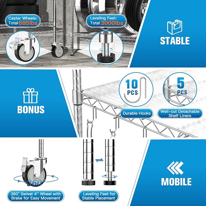 Wire Shelving with Wheels, 48x18x72 Inch, 3000 Lbs Storage Shelves Heavy Duty, Commercial-Grade Adjustable Utility Shelf, NSF-Certified Metal Storage Rack with Shelf Liners, 5-Tier, Chrome