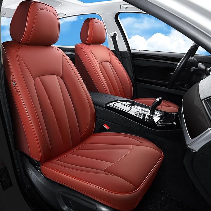 Red Car Seat Covers,Leather Car Seat Covers 2 Front Seats,Waterproof Breathable Full Wrapping Edge Seat Covers, Luxury Automotive Seat Protecor Covers for Most Cars