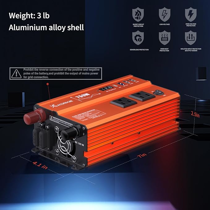750W Pure Sine Wave Inverter, Car Power Inverter, 12V DC to 110V AC Power Converter, Emergency Power Inverter with Type-C, Dual 5.2V/2.4A USB, 3AC Outlets for Home,Camping, RV, Truck, Vehicles