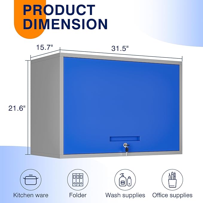 Yizosh Metal Storage Cabinet with Doors & Shelves - Wall Mounted, Floating - Blue Gray, 21.6" H - For Garage, Basement, Kitchen, Warehouse
