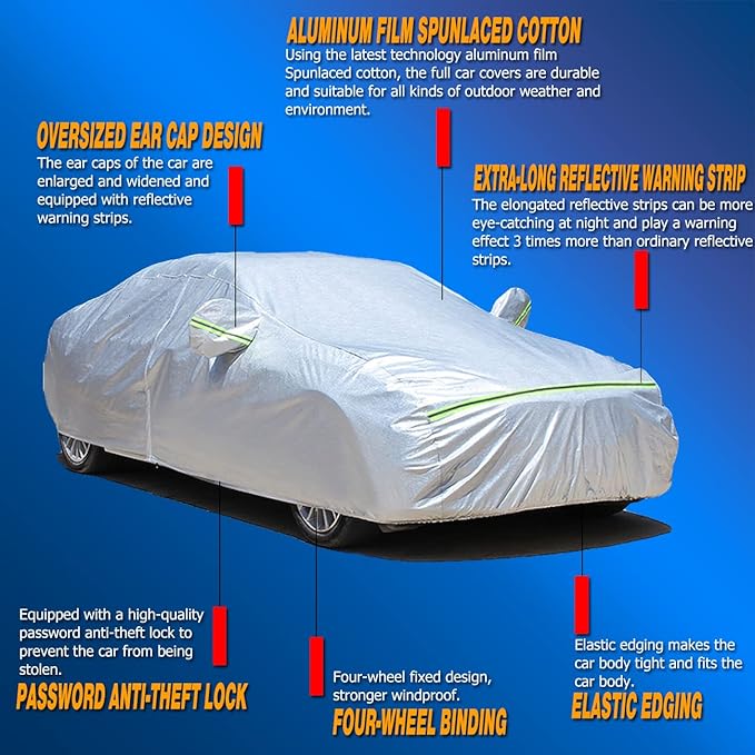 TUCAREST 6 Layers Full Car Cover for Sedan/Wagon/Coupe/Hatchback - Waterproof, Insulated, Anti-UV, Snow-Proof, Anti-Wind, All-Weather, Thickened Protection, up to 168-182 in