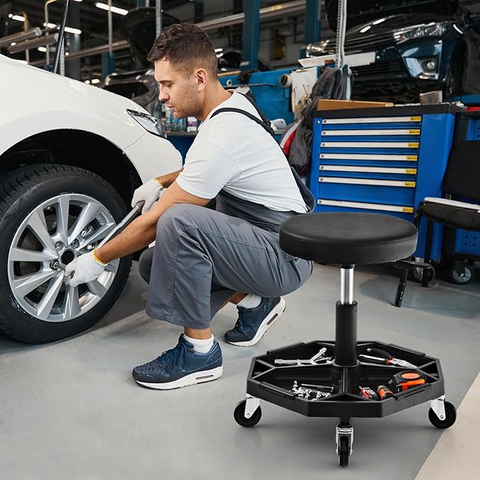 IRONMAX Rolling Mechanic Stool, Adjustable Shop Stool Creeper Seat with Removable Tool Tray, Padded Plush Cushion, Universal Wheels, Heavy Duty Metal Frame, 330 LBS Max Load (Black)