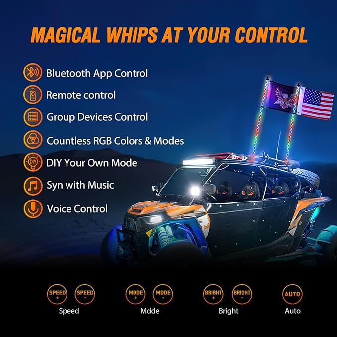 Nilight 2PCS 3FT RGB LED Whip Light with Spring Base Remote App Control w/DIY Chasing Patterns Turn Signal & Brake Lights for ATV UTV Polaris RZR Can-am Dune Buggy Jeep