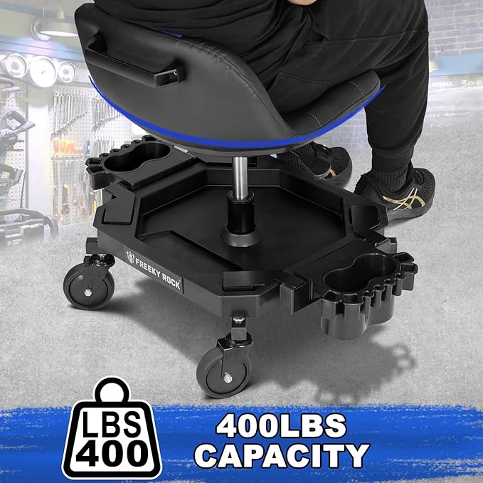 Rolling Stool with Wheels, Adjustable Height Pneumatic Garage Work Mechanic Stool Seat with Backrest, 400 LBS Capacity 360° Swivel Mechanic Crepper Chair with Tool Tray Storage, Blue