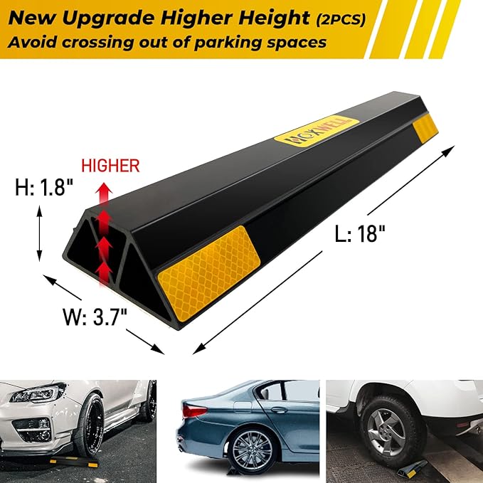 (New Updated 18" 2 Packs Heavy Duty Parking Stopper for Garage, Parking Gadgets Protects Car, Parking Aid Easy to Install 2 PCS, 18" L x 3.7" W x 1.8" H