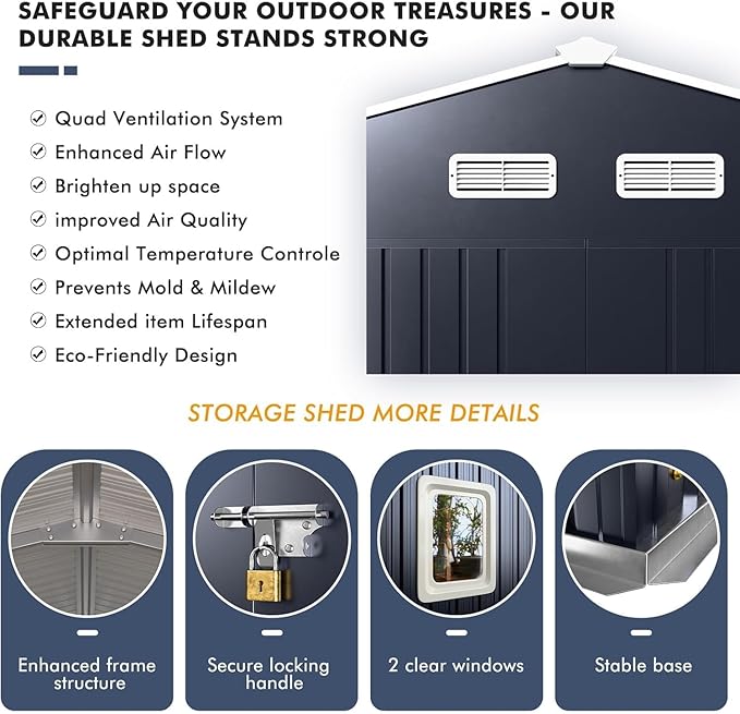 10x12 Metal Shed with Floor Frame Kit & Reinforced Construction - Translucent Roof Panels for Natural Light, Lockable Doors, Vents and Windows | Weatherproof Outdoor Storage for Garden/Backyard/Patio