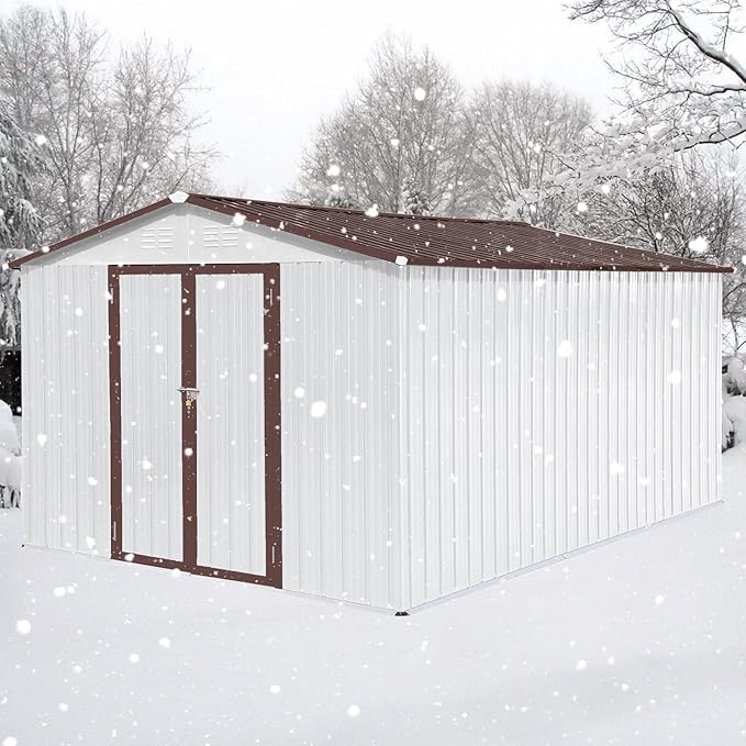 12 x 10 FT Metal Garden Shed, Outdoor Storage Shed with Heavy-Duty Steel Construction, Built-in Punched Vents & Hinged Door, Free Padlock for Secure Backyard, Patio & Garage Storage, White + Coffee