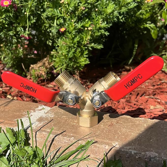HQMPC Garden Hose Y Valve Splitter Brass Hose Splitter With Stainless Steel Long Handle Brass Garden Hose Adapter 2 Way Y Valve 3/4" GHT Thread 2pcs