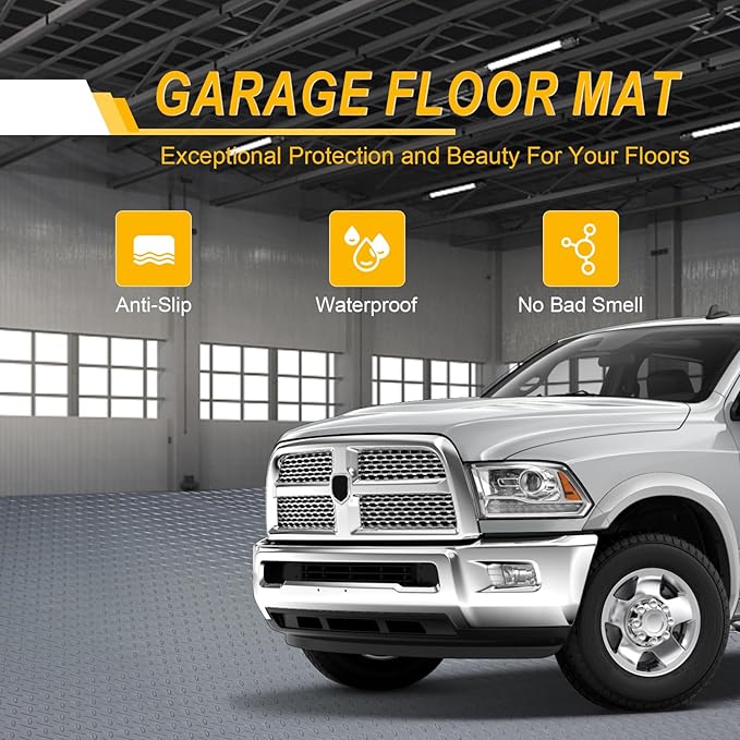 7.5x18 FT Garage Floor Mat, Flooring Roll with 20Pcs Tapes, 135 sqft Diamond Plate PVC Rubber Trailer Mat, Non-Slip Floor Mat for Garage, Warehouse, Gyms, Trailer, Pickup Truck (Grey)