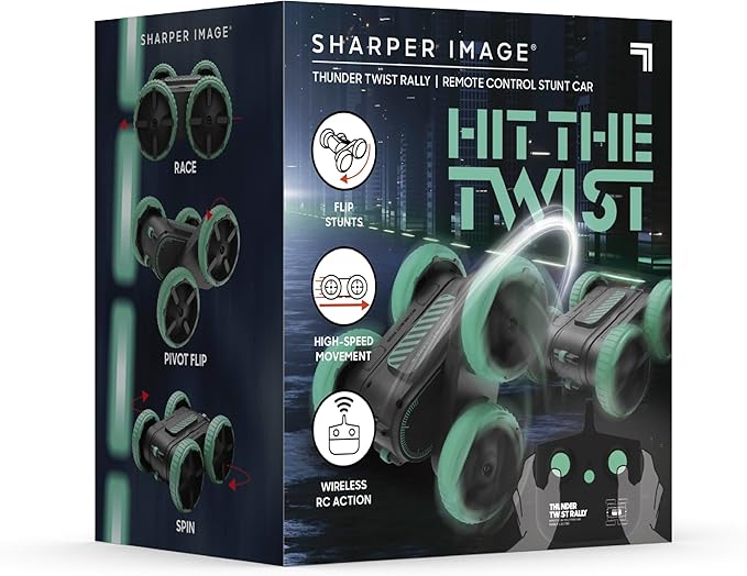 Sharper Image® Thunder Twist Rally - RC Stunt Car with Rechargeable Battery, High-Speed 360° Stunts, Double-Sided Driving, 2.4 GHz Remote Control, LED Lights, Flips & Spins Rotating Car Kids Toy Gift