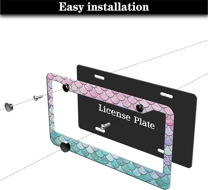License Plate Frame Holder Pink License Plate Frames for Women Ombre Mermaid Scales Women Aluminum Metal Car Accessory 2 Pack with Screw Covers Set