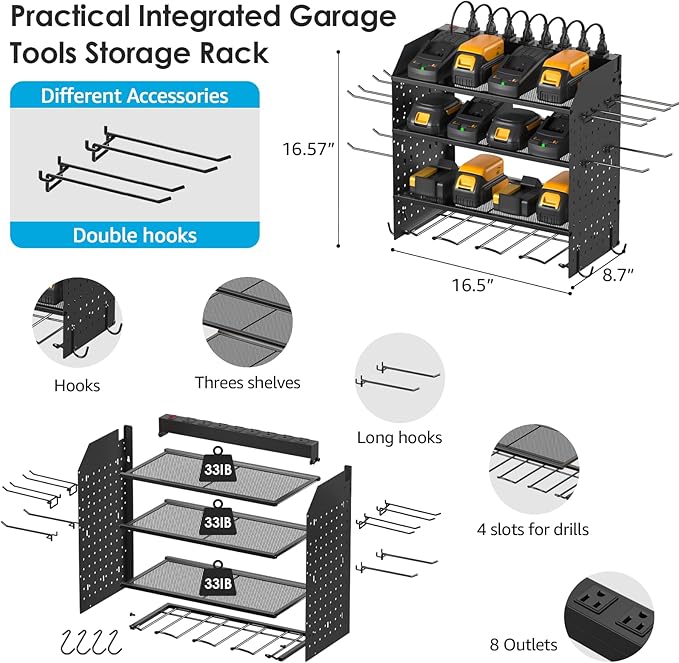 CCCEI Modular Power Tool Organizer with Charging Station. 4 Layer Wall Mount Drills Holder, Tool Battery Charger Organizer. Garage Shop Storage Utility Shelf with 6FT Power Strip, Gift for Men.