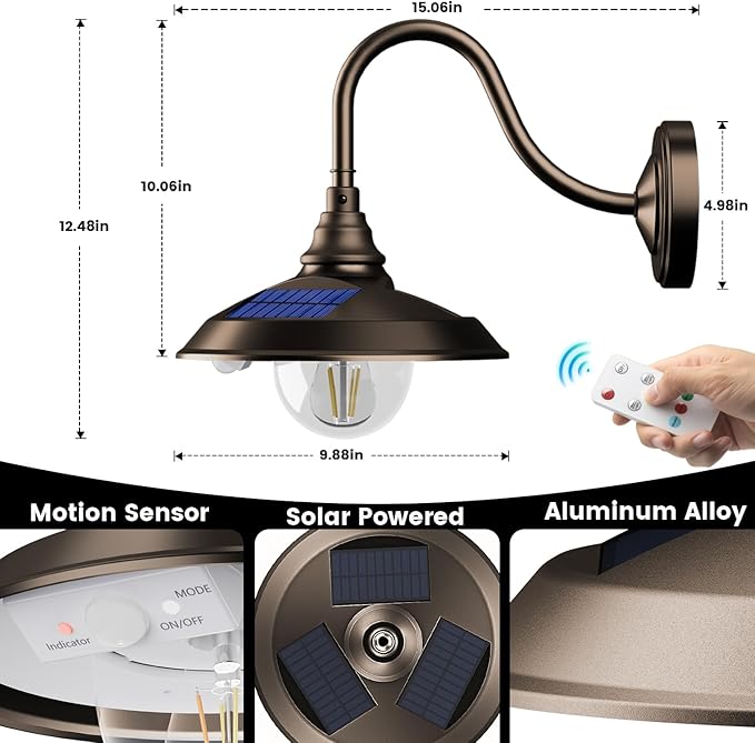 SIEDiNLAR Solar Barn Light Outdoor 3 Modes 2 Lighting, Aluminum Gooseneck Wall Light Vintage Farmhouse Waterproof with Remote & Motion Sensor for Barn Garage Shed Chicken Coop Dark Bronze (1 Pack)