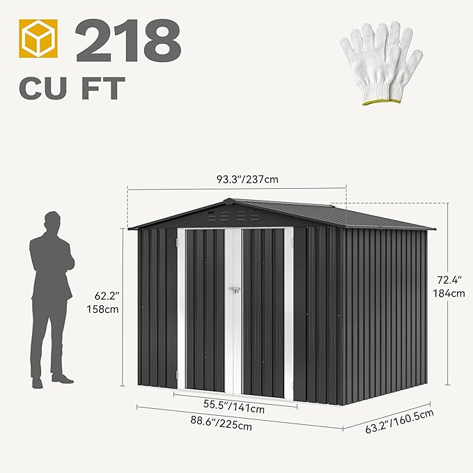 DWVO 8x6FT Outdoor Storage Shelter, Roomy Steel Tool Shed with Secure Entrances & Air Circulation for Patio, Lawn, and Backyard, Ideal for Storing Garden Gear, Lawn Tools, and Bikes, Dark Gray
