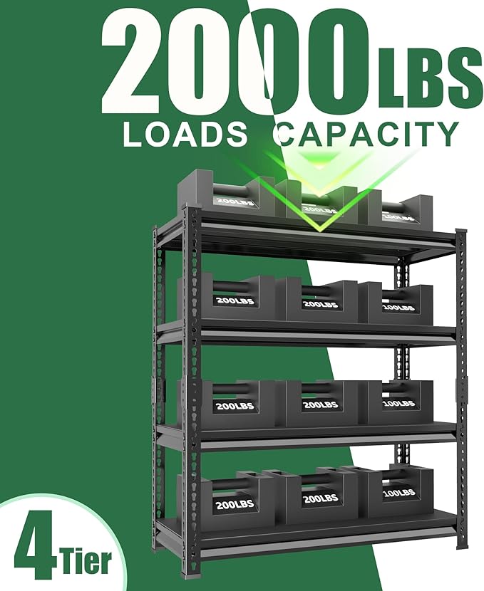 48" W Garage Shelving Heavy Duty，2000LBS Loads Adjustable Garage Storage Shelves, 4-Tier Metal Shelving Units and Storage Racks Heavy Duty, 48”W x 16”D x 72”H，Black