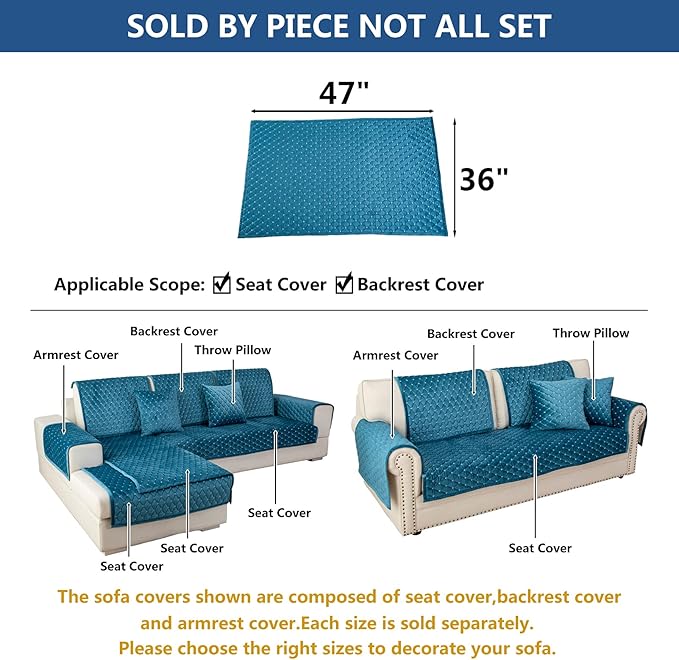 Eismodra Couch Cover,Sectional Couch Covers,Sofa Covers for 3 Cushion Couch,Anti-Slip Sofa Slipcovers for Dogs Cats Kids Loveseat Recliner L Shaped Armrest Backrest,Blue 36''x47''(Only 1 Piece)