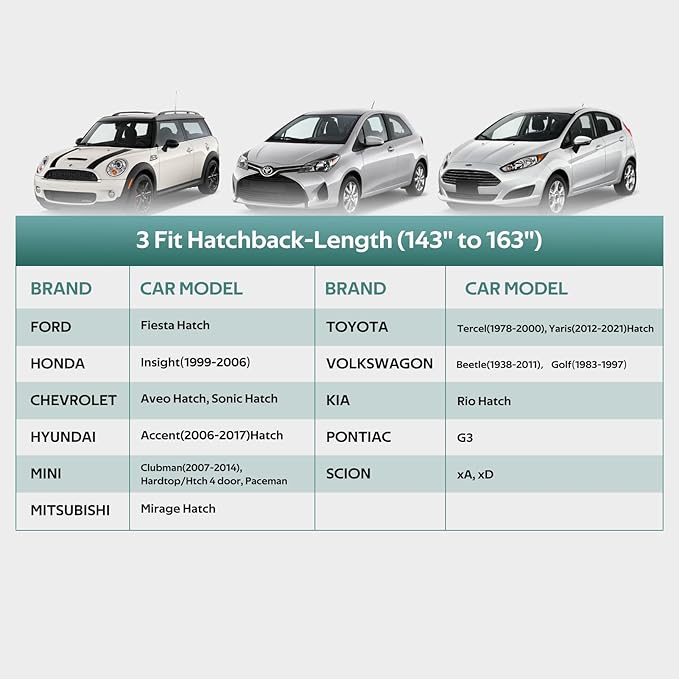 Car Covers for Hatchback Waterproof All Weather, Universal Fit for Mini Cooper, Toyota Yaris, Kia Rio, Mirage, Ford Fiesta, Rain Winter Sun Protection. (Length: 143"-163")