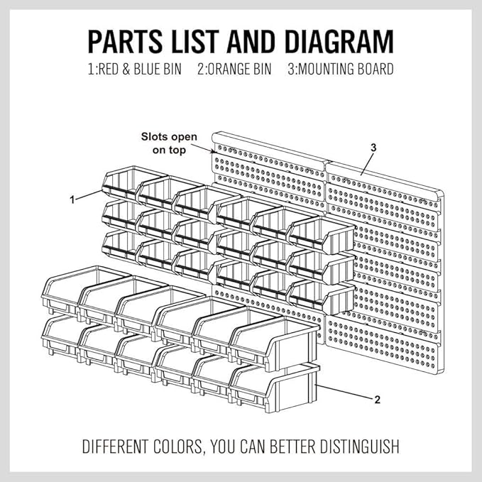 HORUSDY Wall Mounted Storage Bins Parts Rack 30PC Organizer Garage Plastic Shop Tool for Men's Gift, Blue,Orange,Red