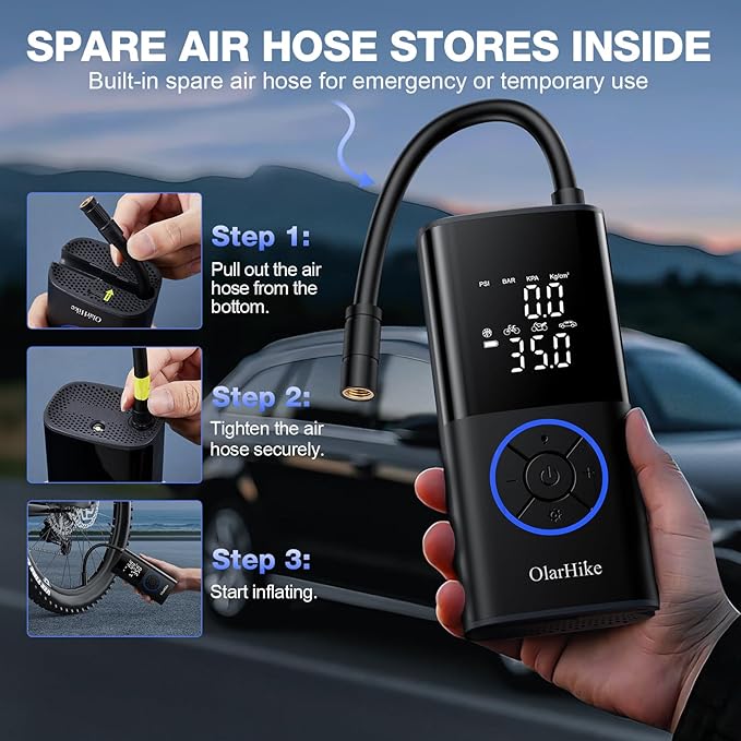 OlarHike Tire Inflator Portable Air Compressor, Long Range Battery-Powered, 160PSI Auto Air Pump for Car Tires, Bike,Bicycle, Motorcycles,Electric Pump with LED Light & Digital Pressure Gauge