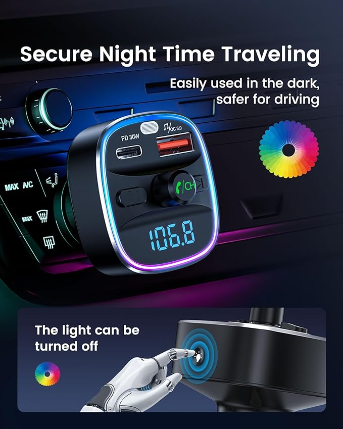 LENCENT Bluetooth 5.4 FM Transmitter Car Adapter 48W [PD 30W & 18W] [7 Color Light] [Fast Charging] Wireless Radio Music Adapter Hands-Free Calling, Support USB Drive & TF Card