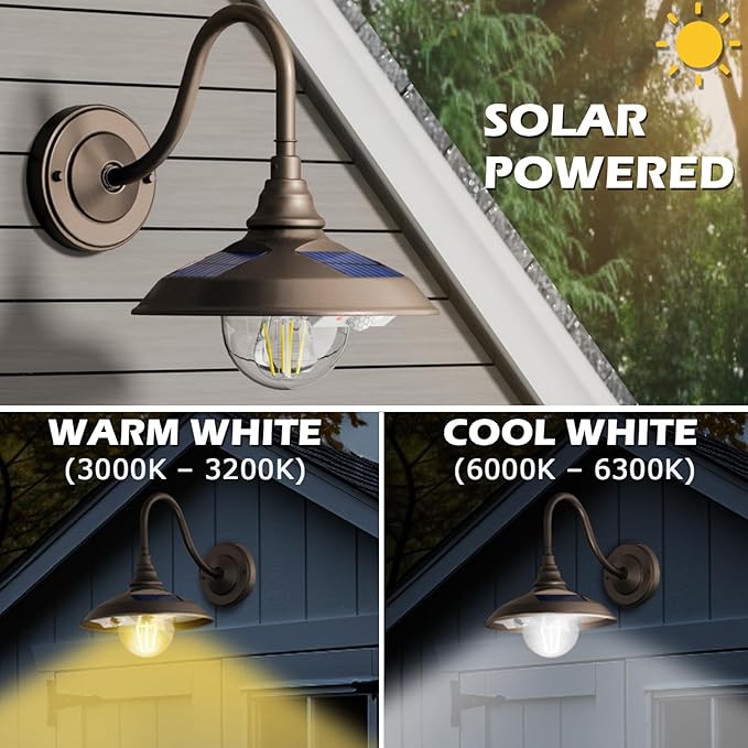 SIEDiNLAR Solar Barn Light Outdoor 3 Modes 2 Lighting, Aluminum Gooseneck Wall Light Vintage Farmhouse Waterproof with Remote & Motion Sensor for Barn Garage Shed Chicken Coop Dark Bronze (1 Pack)