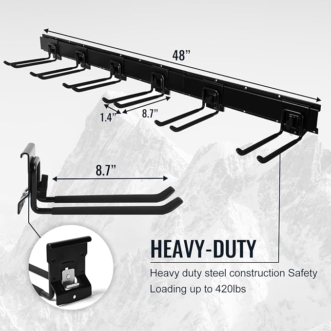 Locking Garden Tool Organizer, Garage Organization Wall Mount Storage Rack, Heavy Duty Metal Yard Tool Organizer, Adjustable Hanging Hooks, Hold Up to 420lbs (48Inch Black)