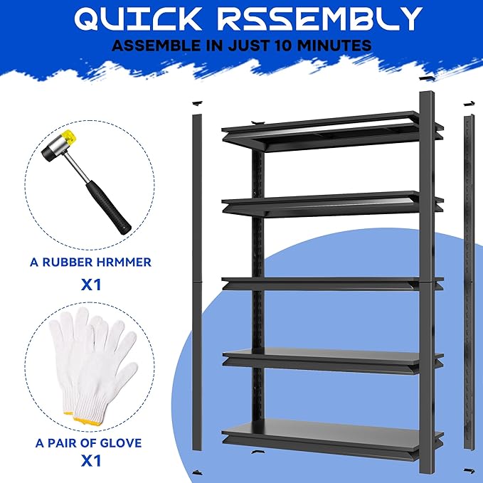 59"H Garage Shelving Heavy Duty Rack, 3000 LBS Extra Large Capacity 5 Tier Adjustable Storage Shelves, Metal Industrial Shelf Units for Garage, Basement and Warehouse, 59"H×23.6"W×13.8"D, Black