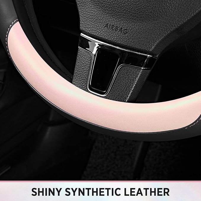 Road Comforts Steering Wheel Cover – Breathable Leather Steering Wheel Cover, Anti-Slip Grip, Universal Fit 14.5” to 15”, Heat & Cold Resistant for Cars, SUVs, and Trucks – Black & Pink