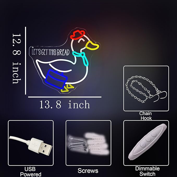 Let's Get This Bread Duck Office Neon Sign for Wall Decor,Novelty Cowboy Duck Neon Light for Home Decoration Farmhouse Decor Gift,Workspace Positive Affirmation Light Up Sign for Business Office Sign