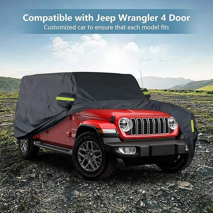 Heavy Duty Waterproof Car Cover Fit for Jeep 2009-2025 Wrangler 4 Dr,Tear & UV Resistant, Outdoor Indoor Full Car Cover with Storage Bag, Windproof Sun Rain UV Dust Snow Protection, Black
