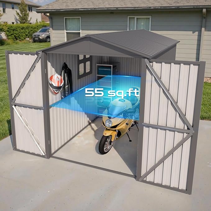 5’ x 10’ Motorcycle Storage Sheds, Metal Shelter & Garage with Windows and Lockable Door Handle, Heavy Duty Vehicle Shed for All Weather, Anthracite