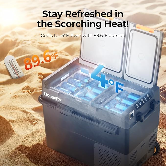 BougeRV 12 Volt Car Refrigerator, CRD2 61 Quart Portable Fridge Freezer with APP Control, -4℉ to 68℉ Dual Zone Compressor Electric Cooler 12/24V DC, 110~240V AC for Overlanding, Camping, RV, Truck