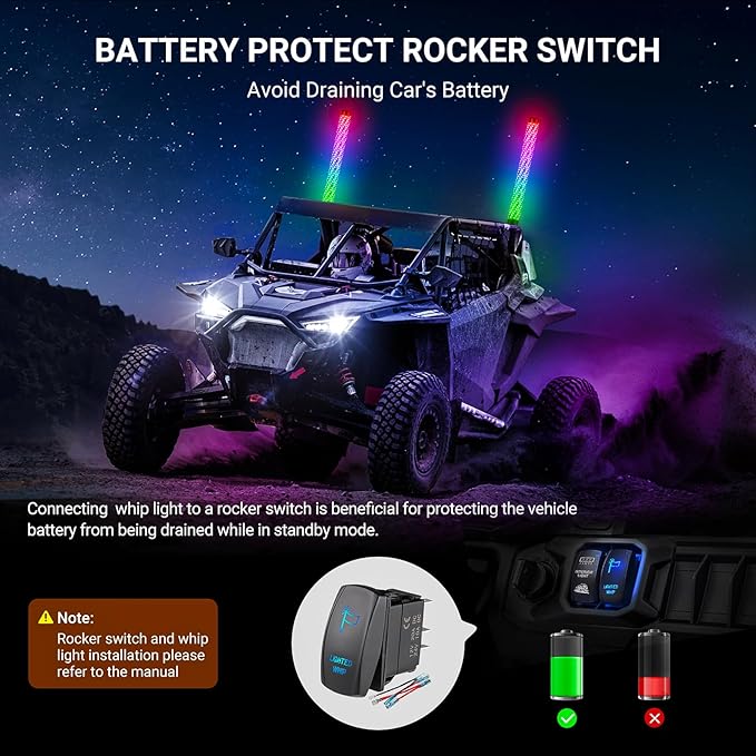 2PCS 2FT Fat Whip Lights for UTV ATV with Spring Base, Led Fatty Whip Light W/Rocker Switch & 6 Flags, Brighter Spiral Chasing Lighted Antenna Whip with APP & Remote Control for RZR SXS Can-Am
