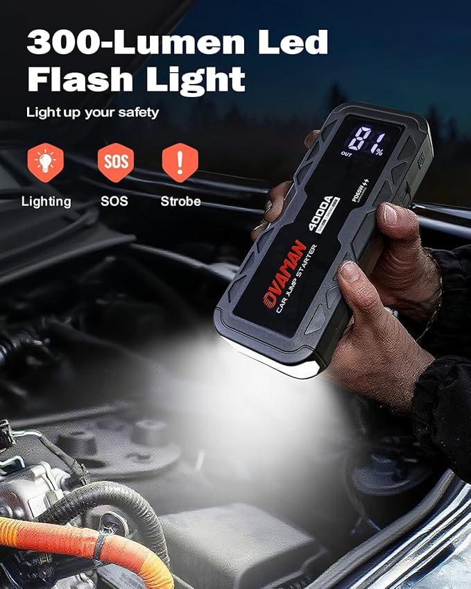 H5 Jump Starter, Portable 4000A Peak Car Battery Jump Starter(All Gas 10L Diesel) 12V Jump Box Auto Battery Pack Starter with Two-Way 65W Quick Charge Type-C Power Bank,LED Light,Jumper Cables