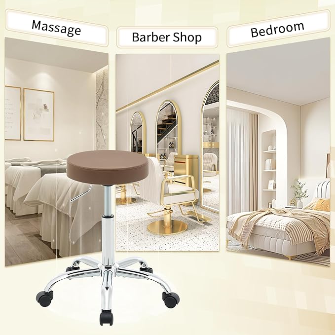 Salon Rolling Chair, Adjustable Stools with Wheels 19.5’’-26.6’’, Coffee Brown Hair Cutting Stool (Coffee Brown)