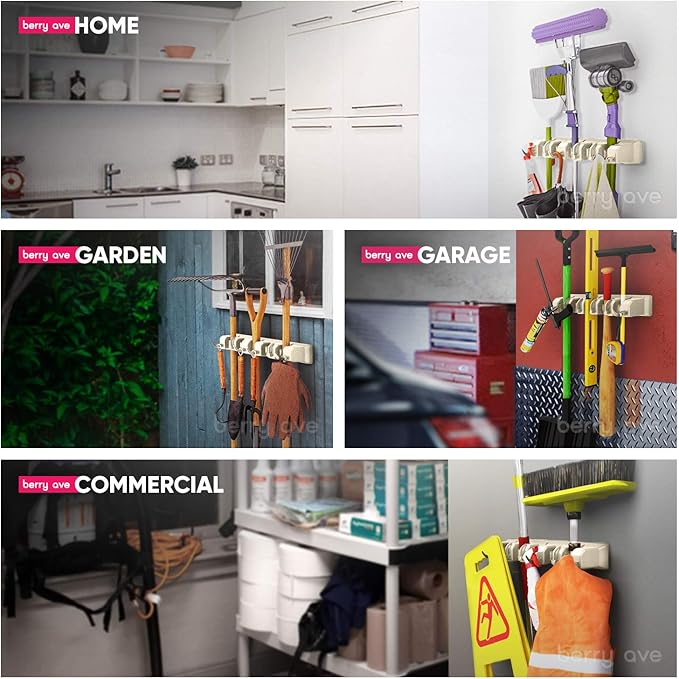 Broom Holder Wall Mount and Garden Tool Organizer, Closet Storage, Kitchen Rack, Home Organization and Garage Organizer for Rake or Mop Handles Up to 1.25-Inches, Hanger Plus 6 Hooks (BEIGE, 1 PACK)