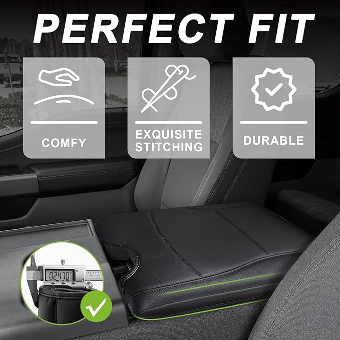 Muslogy Center Console Armrest Cover Compatible with Ford F-150 F150 2015-2024 2025 Comfort Armrest Pad Arm Rest Cushion Vegan Leather Protector Regular Thick(Jump Seat ONLY)