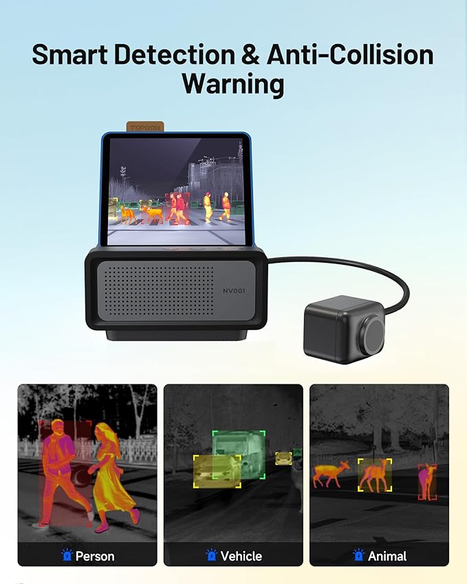 TOPDON NV001 Thermal Camera for Cars, Automotive Thermal Night Vision System with 656ft Long-Range Vision, AI Recognition of People, Vehicles, and Animals, Anti-Collision Warning, IP69K Waterproof