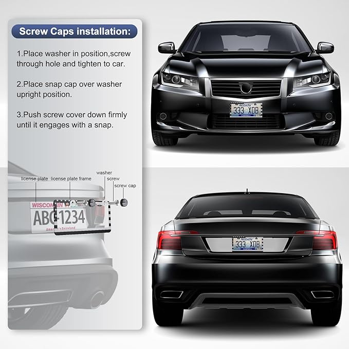 2 Pack License Plate Frames, Stainless Steel Car License Plate Cover Car Accessories with Screw Caps (Grey and Black)