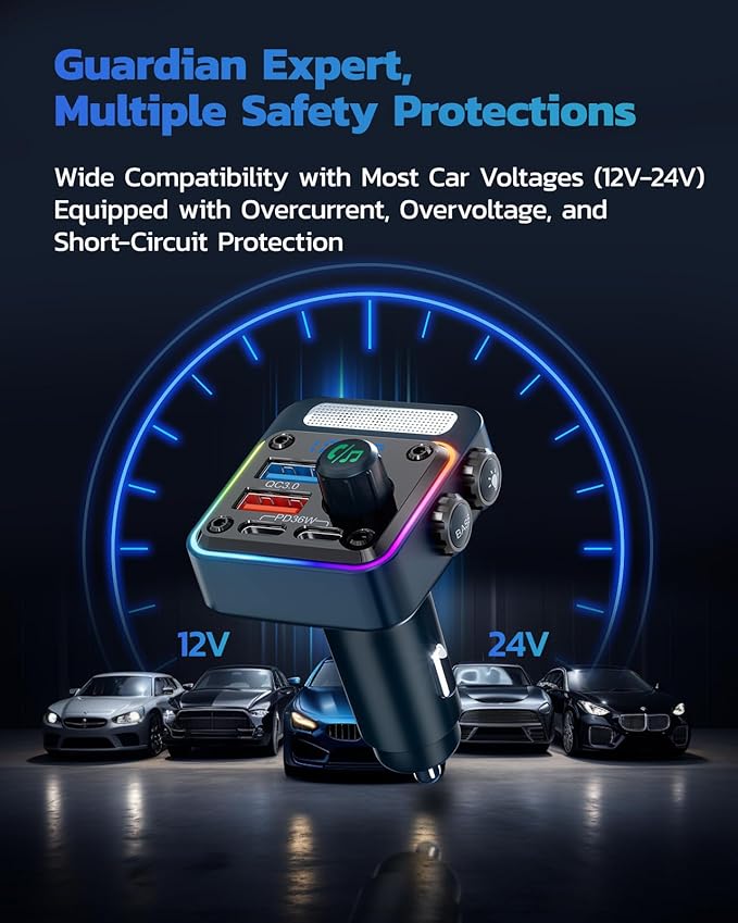 Nulaxy 54W Bluetooth 5.3 Car Adapter with 4 Charging Ports [PD 36W & QC3.0 18W], Wireless Radio FM Transmitter with Deep Bass Player & 5 Colors LED Backlit, Hands-Free Calling - Blue