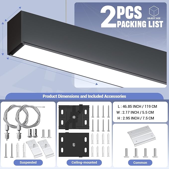 4FT LED Linear Light,50/45/40/35/30W Up and Down Light, 3000/4000/5000K CCT,Commercial and Residential Linear Lights Fixture for Office,Pendant Lights for Home,Shop,Garage,School-2Pack
