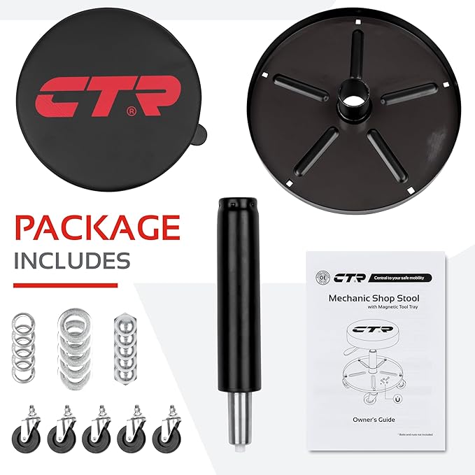 CTR Rolling Mechanic Shop Stool with Magnetic Tool Tray, Heavy Duty Work Stool, Adjustable Garage & Workbench Stool with Wheels, Creeper Seat Shop Chair