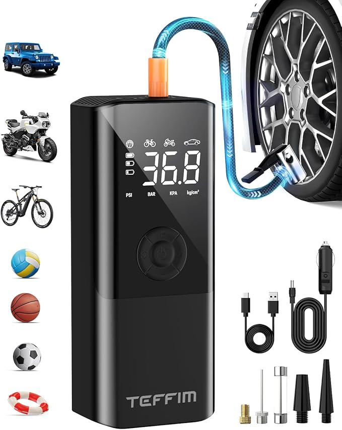 Tire Inflator Portable Air Compressor - 150PSI & 20000mAh Battery, 12V Smart Air Pump for Car Tires, 6X Tire Pump with Pressure Gauge, Auto Shut-off, Motorcycle, SUV, Bike Pump, Bicycle, Balls
